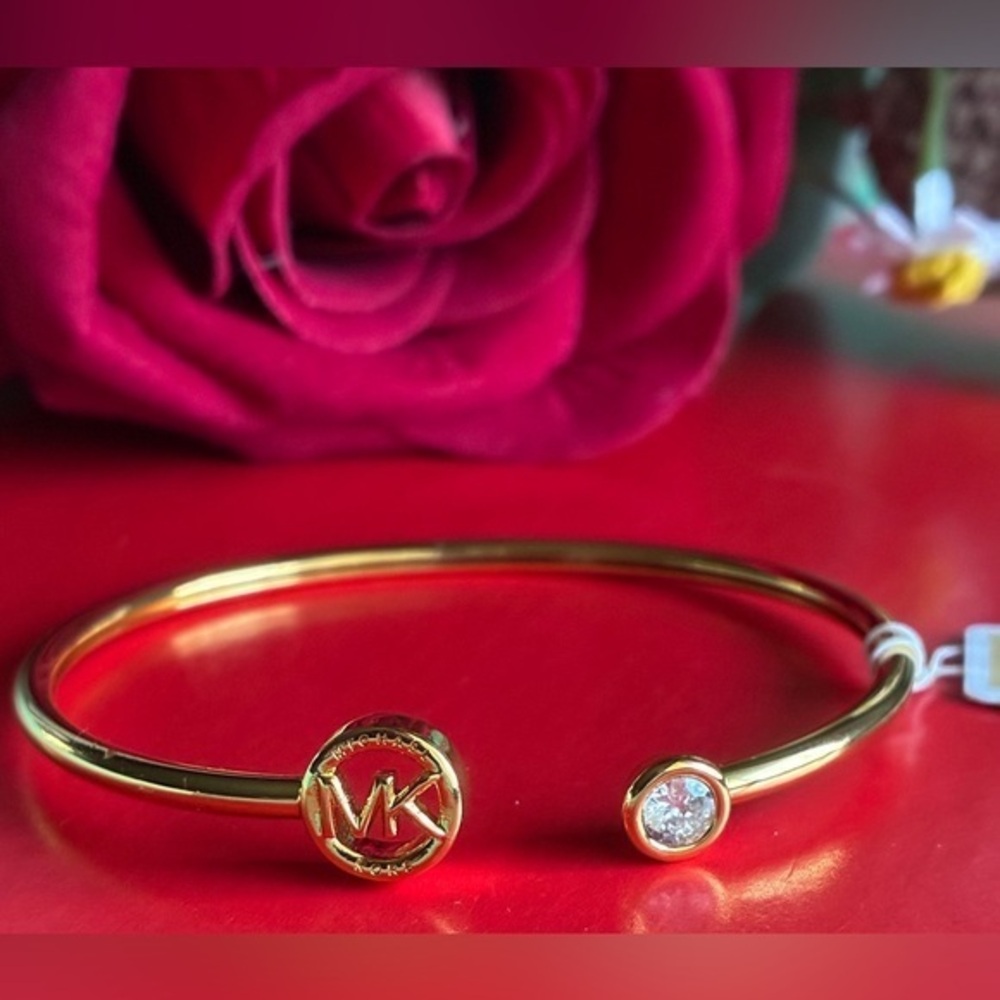 Michael Kors Gold-Tone Open Bangle Bracelet with MK Medallion